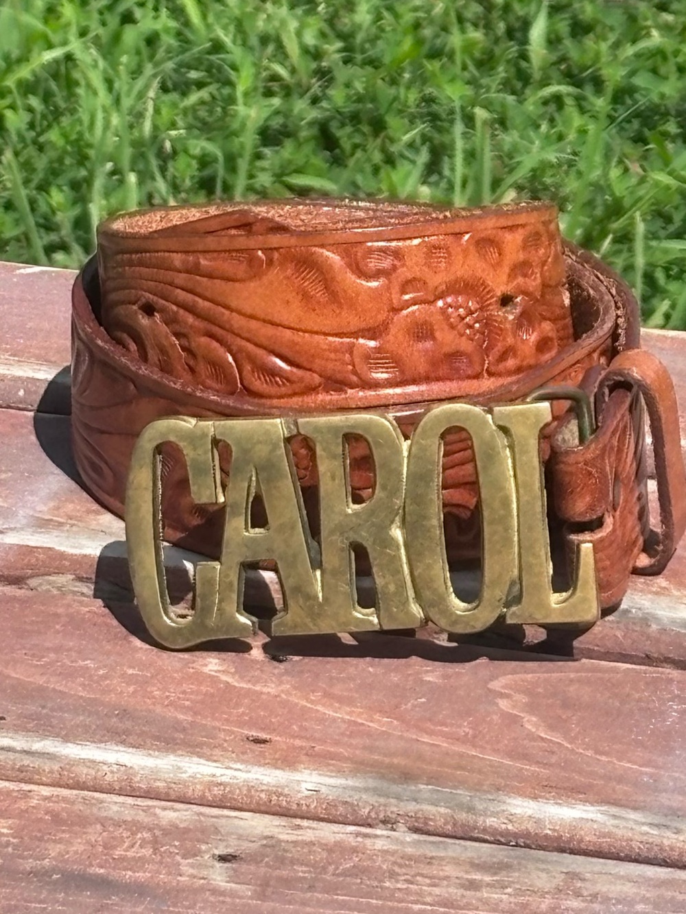 Vintage Steerhide Tooled Western Brass Buckle Belt!